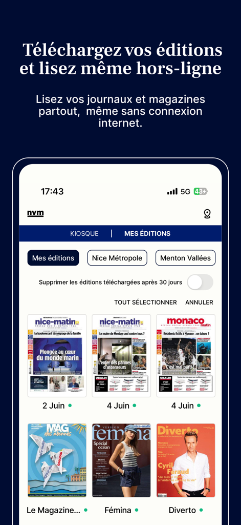 NVM : Info Nice, Var, Monaco - NVM news app interface showing digital editions of Nice-Matin and Monaco-Matin available for offline reading
