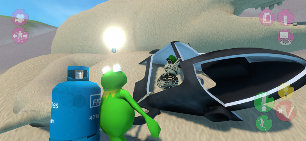 Amazing Frog? - A green frog character standing next to a blue gas tank and a crashed vehicle with a skeleton inside.