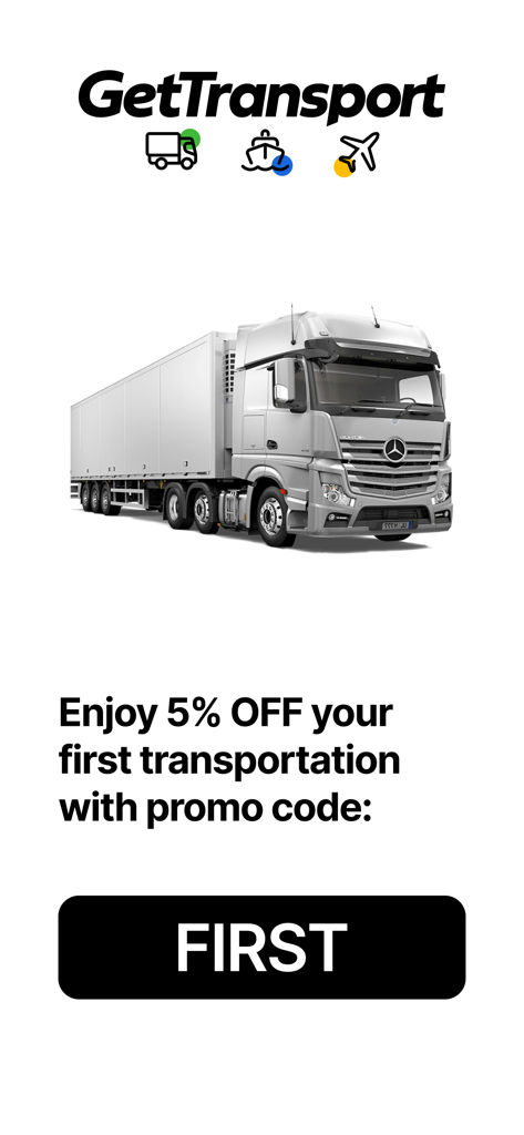 GetTransport.com app promotion offering five percent off first transportation with promo code FIRST