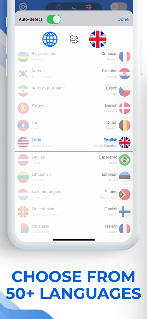 Tela de seleção de idioma no aplicativo Tradutor de Fotos mostrando uma lista de mais de cinquenta idiomas suportados