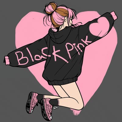 realistic girl jumping with a bun and oversized sweatshirt