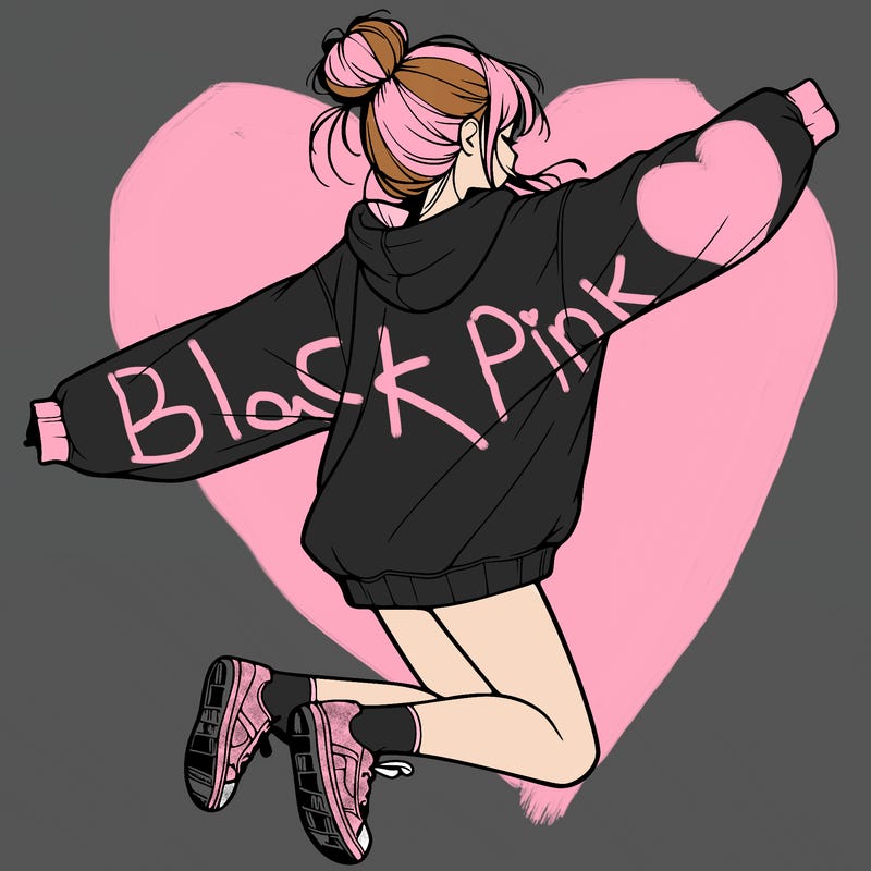 realistic girl jumping with a bun and oversized sweatshirt