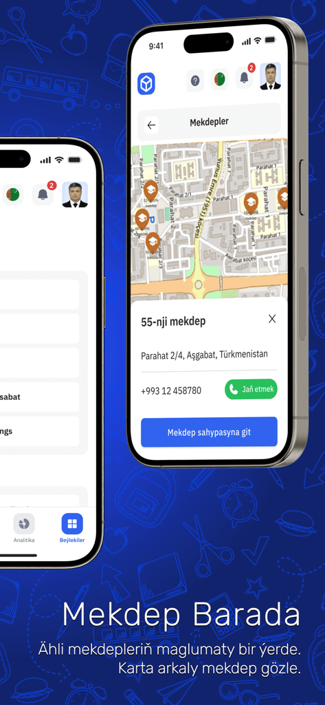 eMekdep mobile App-Bildschirm, der Schulstandorte auf einer Karte mit Kontaktinformationen für eine ausgewählte Schule in Turkmenistan anzeigt.