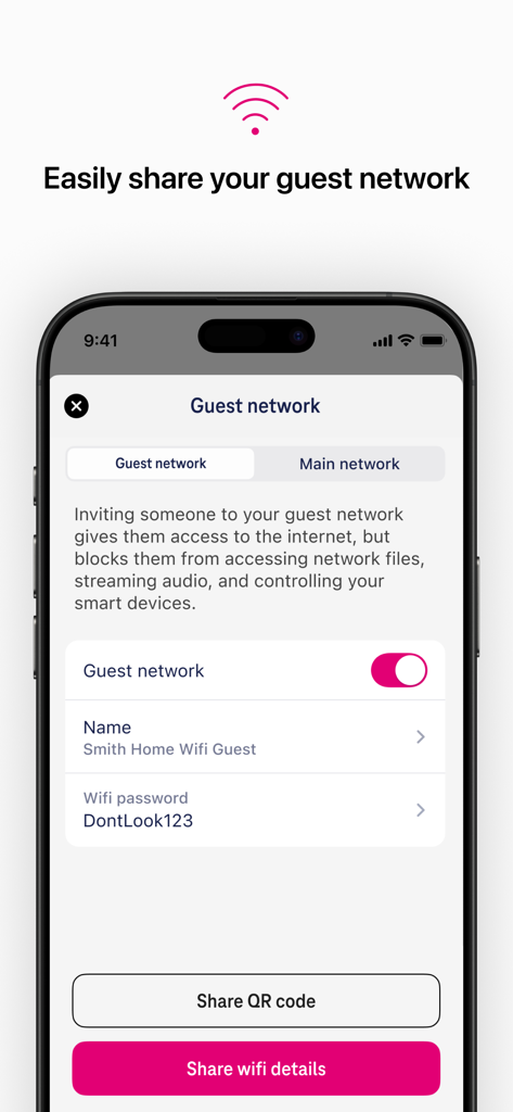 T-Mobile Fiber: eero - T-Mobile Fiber eeroアプリのゲストネットワーク管理画面。WiFi共有オプションが表示されます。