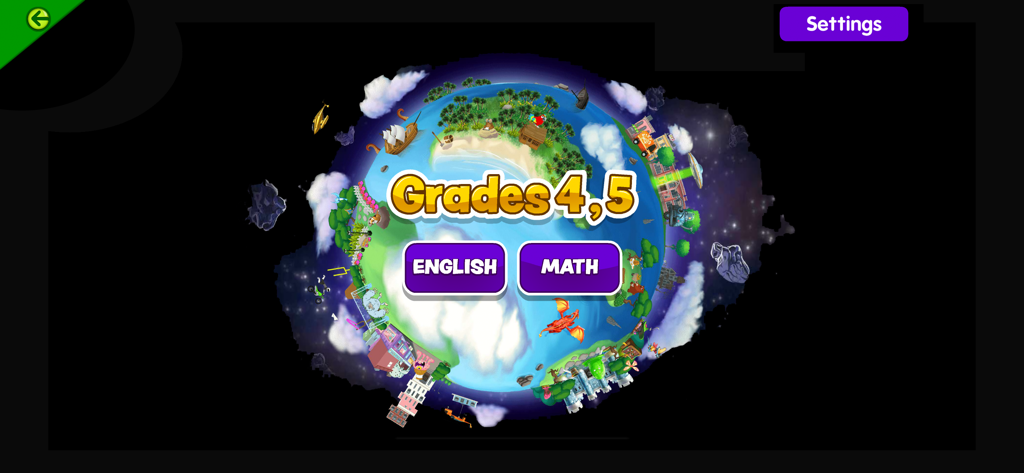 Starfall - Menú de la aplicación Starfall para los grados 4 y 5 que muestra botones de materias de inglés y matemáticas