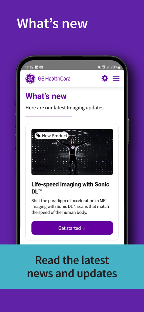 Tela do aplicativo GE HealthCare Imaging mostrando a seção de últimas notícias e atualizações para profissionais de radiologia