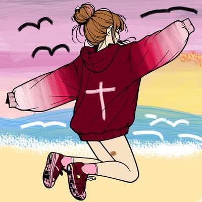 realistic girl jumping with a bun and oversized sweatshirt
