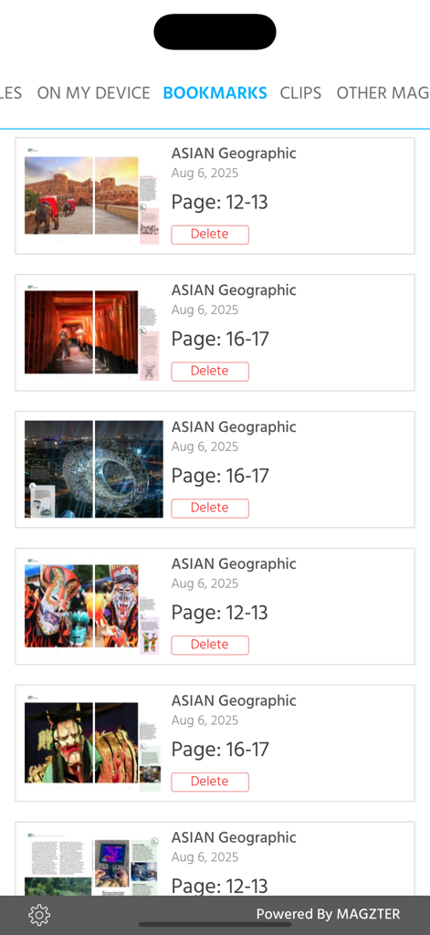 ASIAN Geographic Magazine - Bookmarks screen in the ASIAN Geographic Magazine app showing a list of saved articles with photography thumbnails.