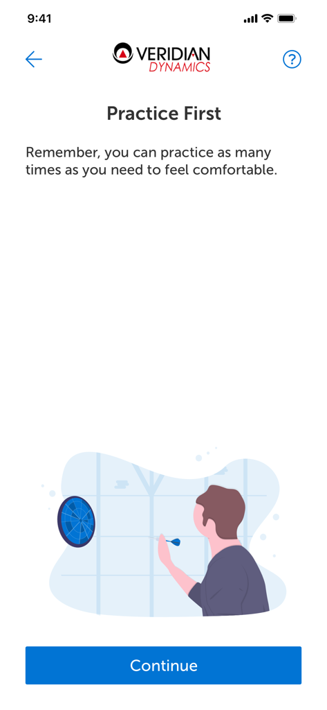 Pantalla de práctica de la aplicación HireVue para Candidatos con un mensaje que anima a los candidatos a practicar tantas veces como sea necesario antes de comenzar su entrevista