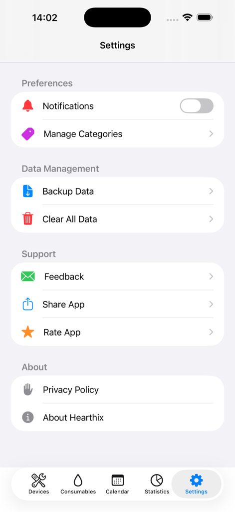 Hearthix - Menú de configuración de la aplicación Hearthix que muestra preferencias, gestión de datos y opciones de privacidad para el mantenimiento del hogar.