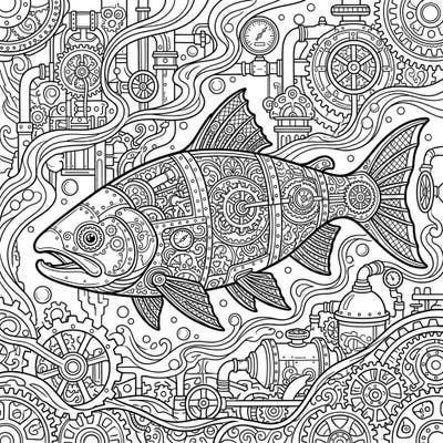 Unleash your creativity with this highly detailed Steampunk Salmon coloring page, designed for adults. Featuring an intricate fish adorned with gears and surrounded by mechanical wonders, it offers a challenging and rewarding artistic experience.