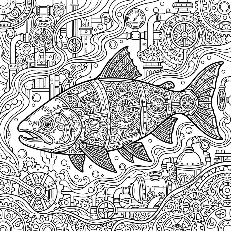 Unleash your creativity with this highly detailed Steampunk Salmon coloring page, designed for adults. Featuring an intricate fish adorned with gears and surrounded by mechanical wonders, it offers a challenging and rewarding artistic experience.