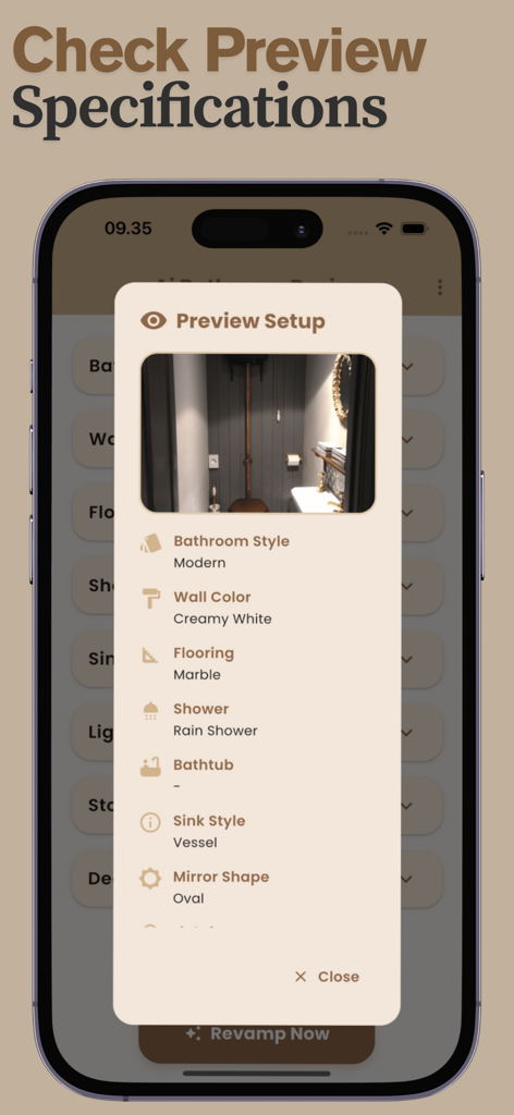 A preview setup screen in the AI Bathroom Design app listing chosen materials and styles for a renovation.