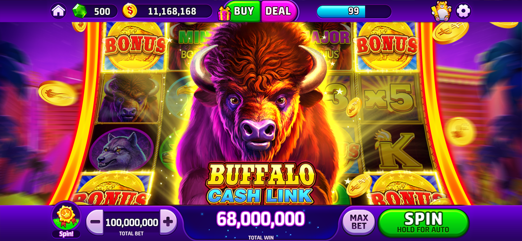 Buffalo Cash Link slot machine interface in Woohoo Slots showing a large buffalo symbol and bonus rewards