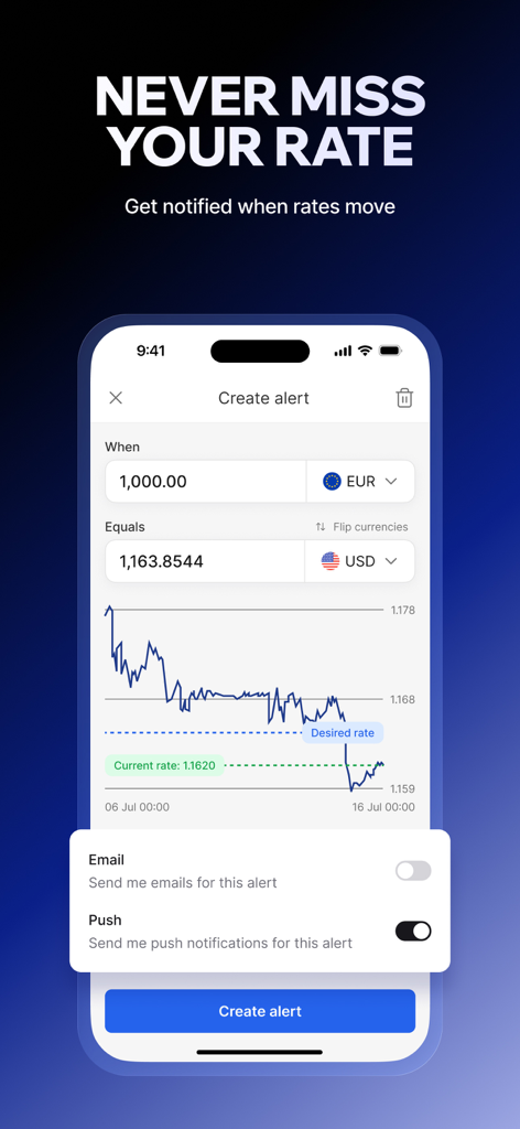 Xe Send Money & Currency - Interface do aplicativo Xe para criar alertas de taxa de câmbio com gráficos de taxas de câmbio em tempo real
