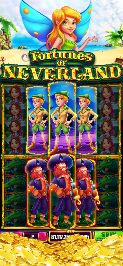Spin&Win Slots Casino Games - Fortunes of Neverland slot machine game featuring Peter Pan and Captain Hook characters with a pile of gold coins
