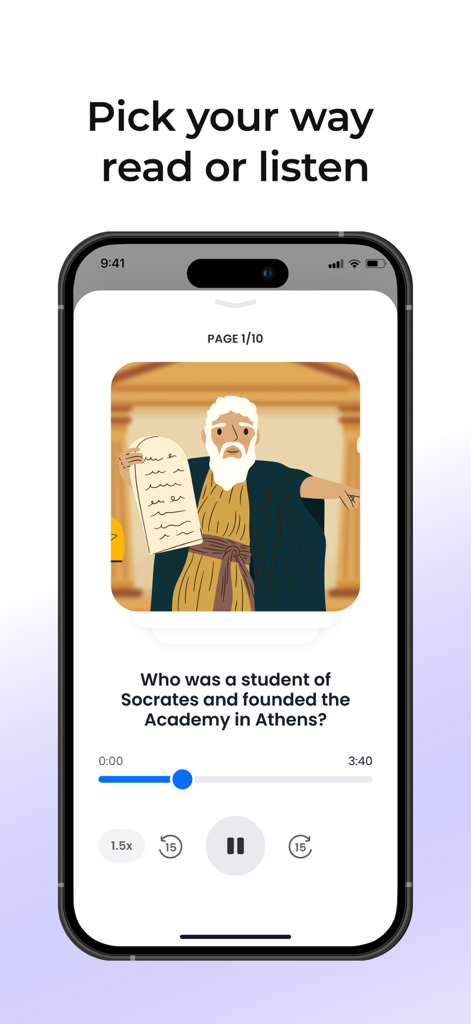MyGrowth app interface showing an educational history lesson with built-in audio playback controls for listening.
