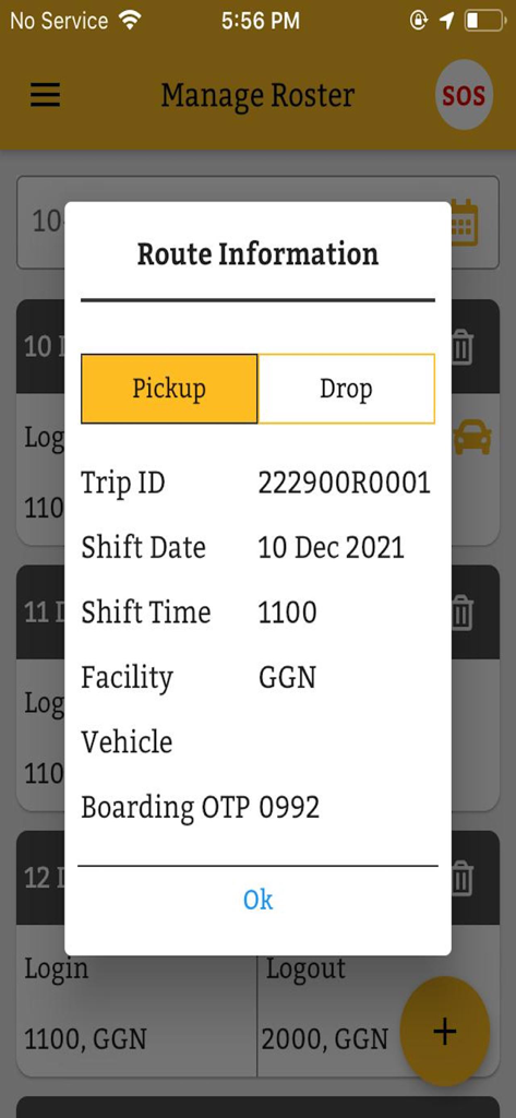 eTMS Buddy 앱, 탑승 세부 정보 및 탑승 OTP가 포함된 경로 정보 표시