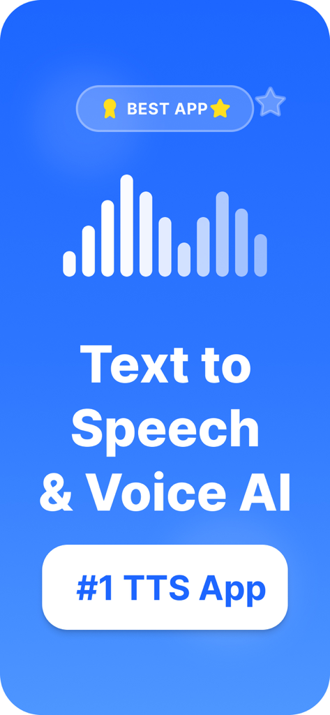 AI Voice TTS – Text to Speech - Die Benutzeroberfläche der AI Voice TTS App zeigt die Schlagzeile Text to Speech und Voice AI mit einer Schallwellengrafik