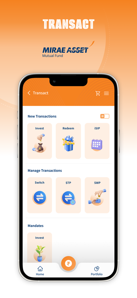 Transaction screen of the Mirae Asset Mutual Fund mobile app showing options for investing and redeeming funds.