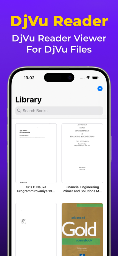 Pantalla de la biblioteca de la aplicación DjVu Reader mostrando documentos técnicos y artículos académicos.