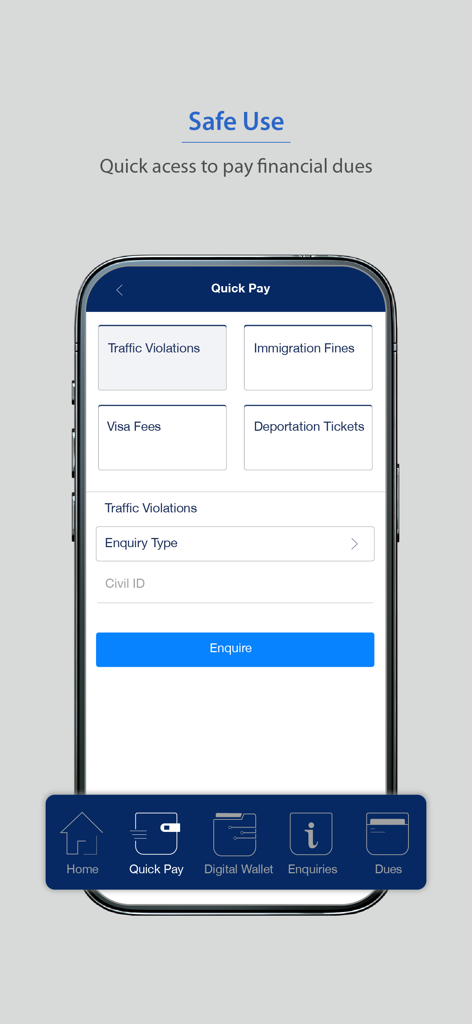 MOI Kuwait mobile app interface showing the Quick Pay screen for traffic violations and immigration fines