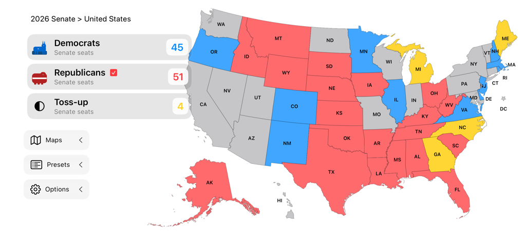 US Election Simulator app interface showing an interactive 2026 Senate map with seat totals and color coded states.