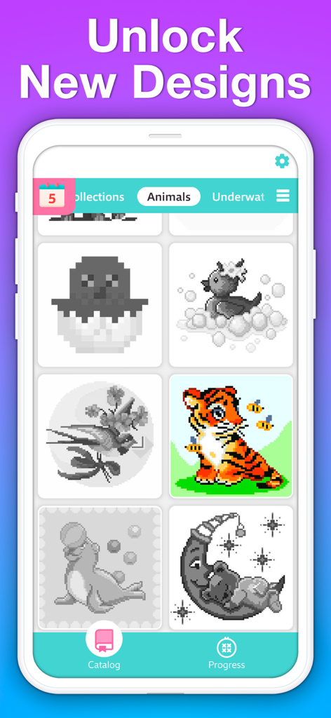 Captura de pantalla de la aplicación PixelArt Saga que muestra una biblioteca de diseños de arte pixelado de animales, incluyendo un tigre y un pato