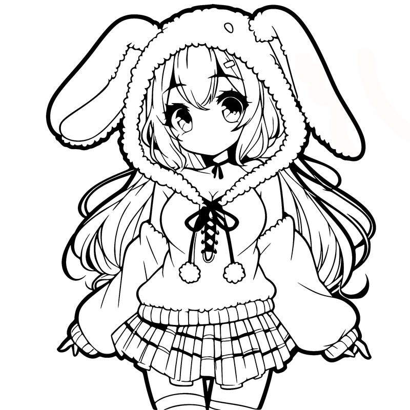 pretty anime girl wearing a fluffy hoodie with bunny ears on the hood and a skirt