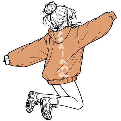 realistic girl jumping with a bun and oversized sweatshirt