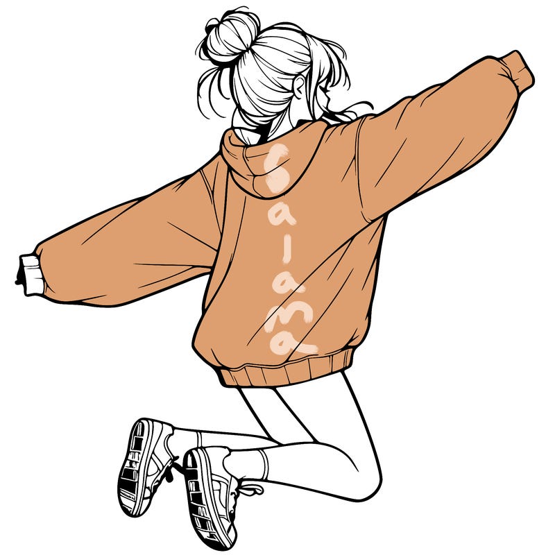 realistic girl jumping with a bun and oversized sweatshirt