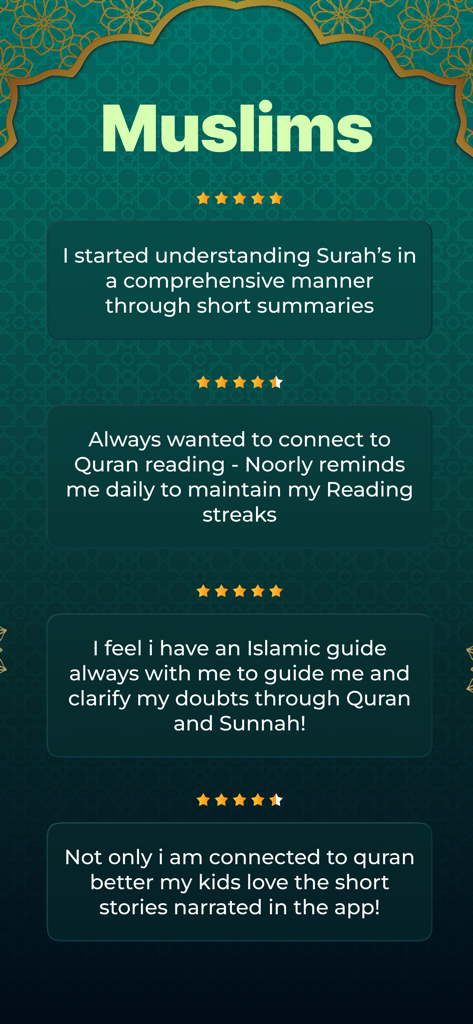 Noorly - Al Quran, Azkar, Deen - Una colección de reseñas y calificaciones positivas de usuarios para la aplicación islámica Noorly, destacando resúmenes del Corán e historias.