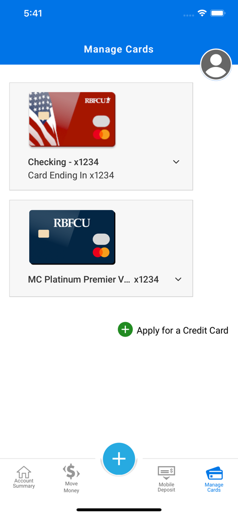 RBFCU - RBFCU mobile app screen showing options to manage debit and credit cards and apply for a new credit card