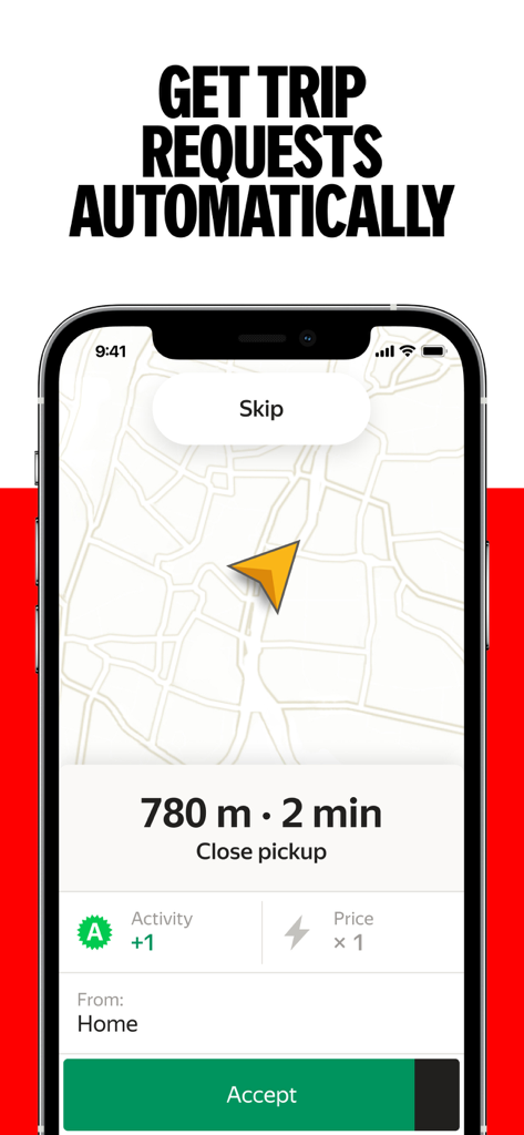 Yango Pro (Taximeter) - driver - Yango Pro App-Oberfläche auf einem Smartphone, die eine automatisierte Fahrtanfrage mit Schaltfläche zum Akzeptieren und Karte zeigt.