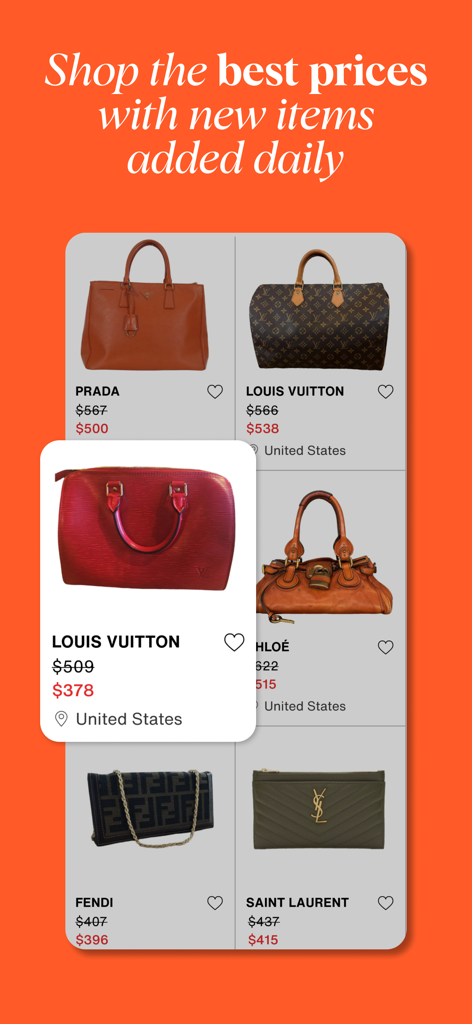 A display of luxury designer handbags on the Vestiaire Collective app showing original and discounted prices.
