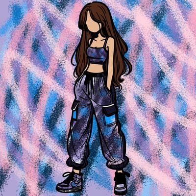 girl in baggy pants crop top and long hair