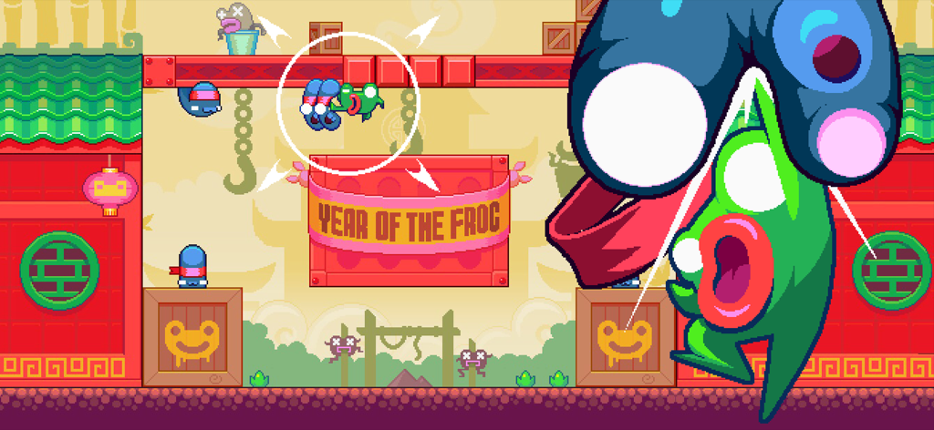Green Ninja: Year of the Frog - Green ninja frog character performing a kung fu kick in a pixel art game level