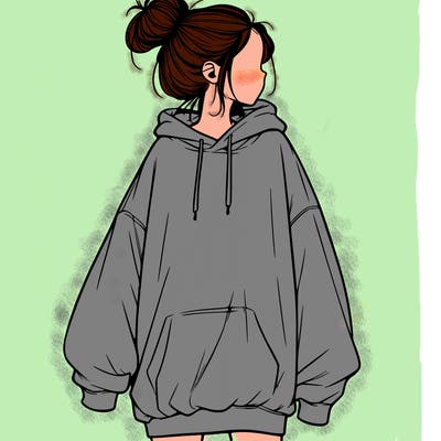 realistic girl with a oversized sweatshirt on and a bun