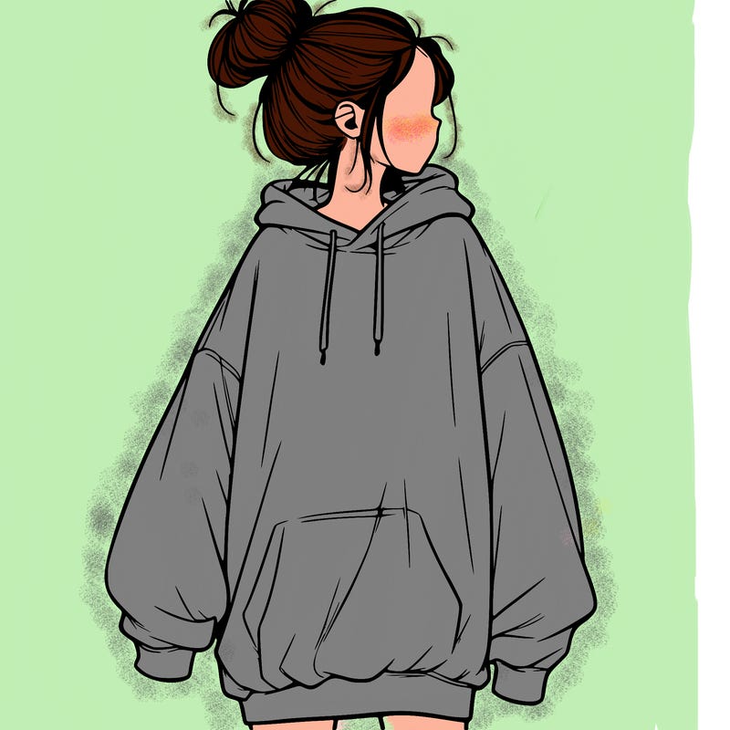 realistic girl with a oversized sweatshirt on and a bun