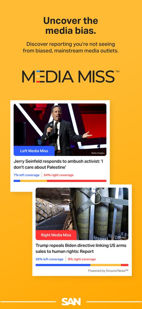 Tela do aplicativo Straight Arrow News mostrando a ferramenta Media Miss comparando lacunas de cobertura de notícias entre a mídia de esquerda e direita