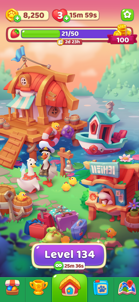 Bunny Boom - A colorful scene from the Bunny Boom mobile game featuring cartoon ducks at a port with level progress UI