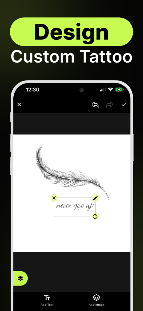AI Tattoo Generator - Inkill - 羽のイラストとテキストでカスタムタトゥーをデザインするためのモバイルアプリインターフェース