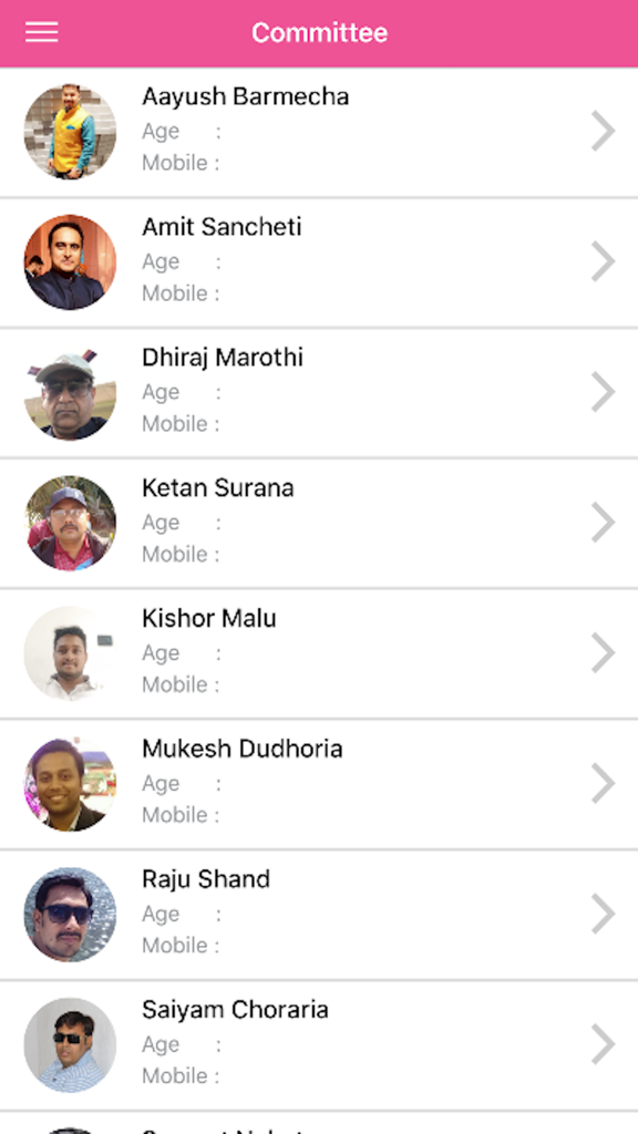 My Cricket App-Local Tournment - Une liste des membres du comité d'un tournoi de cricket local avec leurs noms et photos