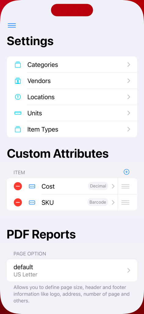 Expenses for Business - Einstellungsbildschirm der Geschäftsausgaben-App mit Optionen für Kategorien, benutzerdefinierte Attribute und PDF-Berichte