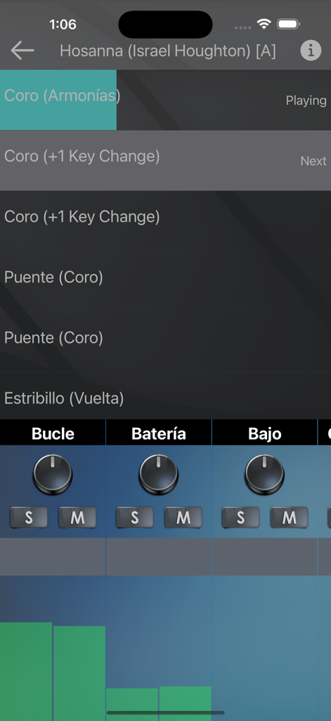 AdoraMúsica - AdoraMúsica app interface showing worship song sections and a multitrack instrument mixer
