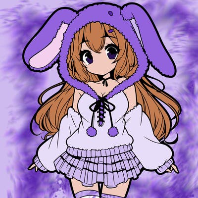 pretty anime girl wearing a fluffy hoodie with bunny ears on the hood and a skirt