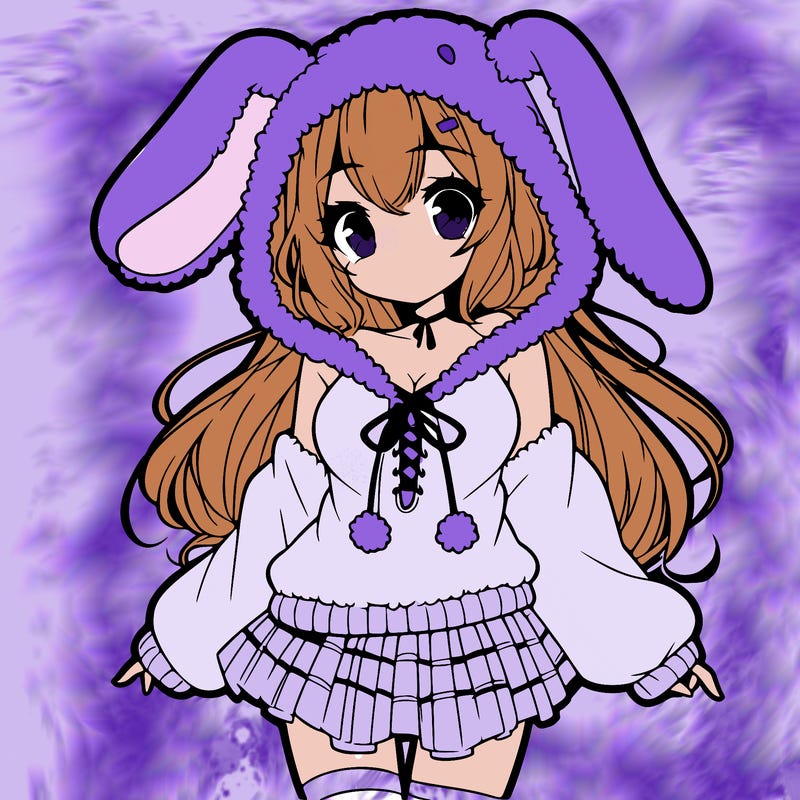 pretty anime girl wearing a fluffy hoodie with bunny ears on the hood and a skirt