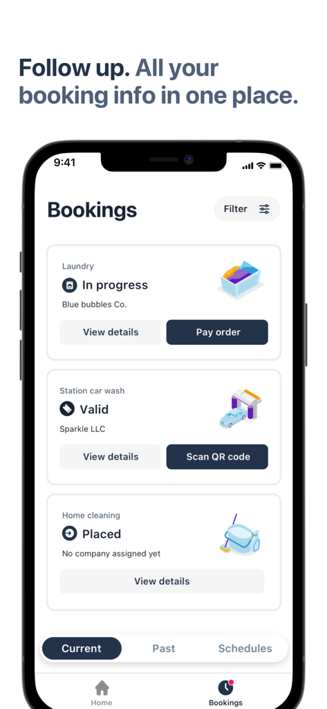 justclean - Interface of the justclean app showing a list of active service bookings for laundry car wash and home cleaning