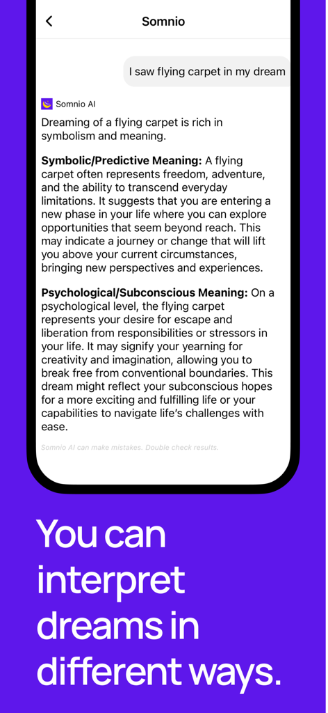 Somnio AI - Dream Analyzer - Somnio AI dream analyzer app screen showing a detailed psychological and symbolic interpretation of a dream about a flying carpet.
