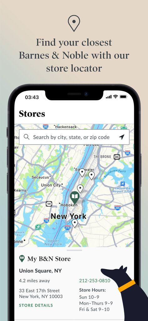 Barnes and Noble mobile app store locator map showing New York locations and store hours
